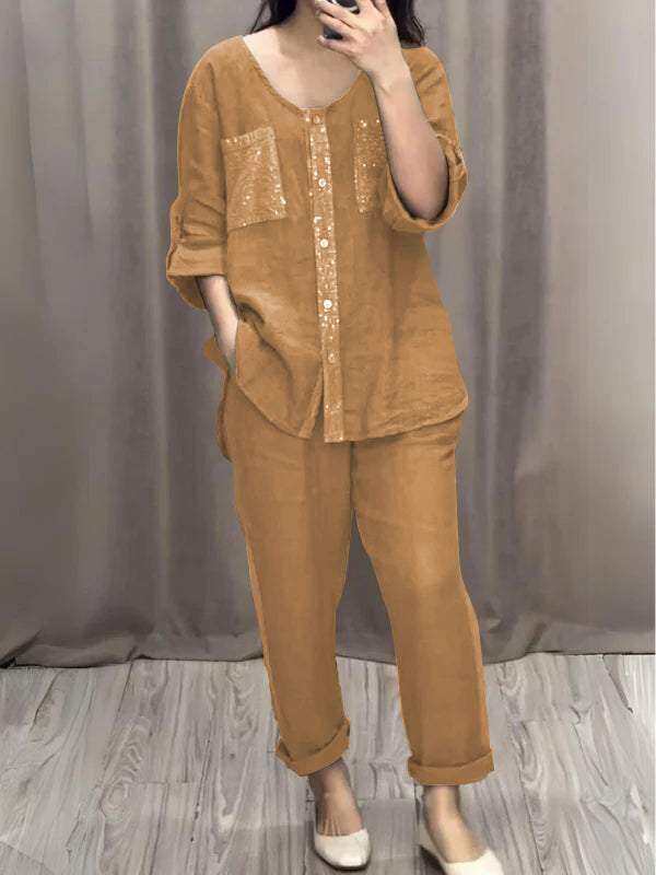 Vestido de duas peças com gola redonda em algodão e linho com lantejoulas