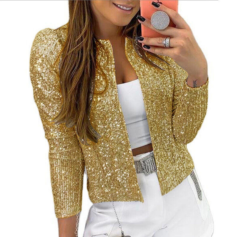 Elegante casaco de lantejoulas de cor sólida com gola alta, curto, casual, versátil, pequeno