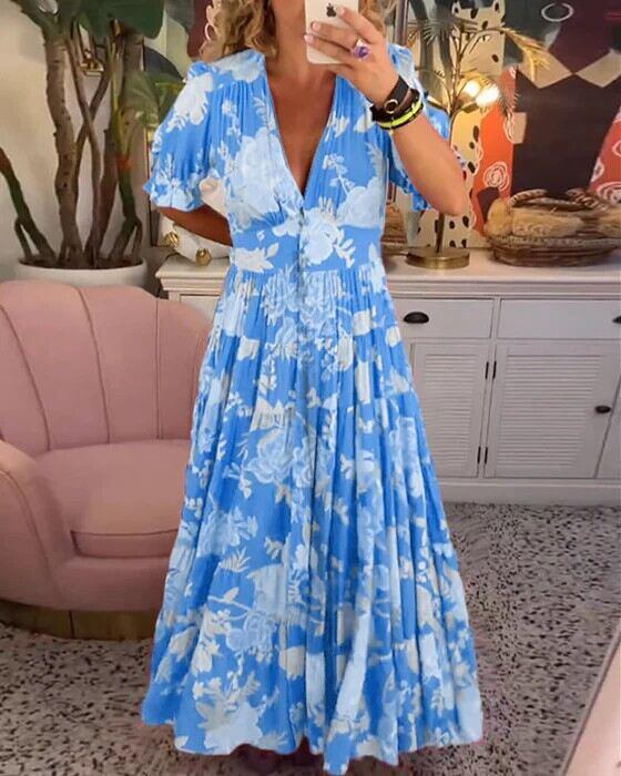Vestido estampado floral com decote em V e bolso