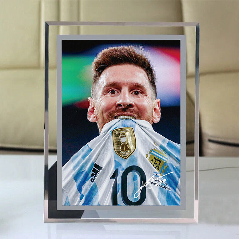 Messi Crystal képkeret 6 hüvelykes labdarúgó-világbajnokság sztárjának fényképével, beltéri üvegkeret asztali dekorációval