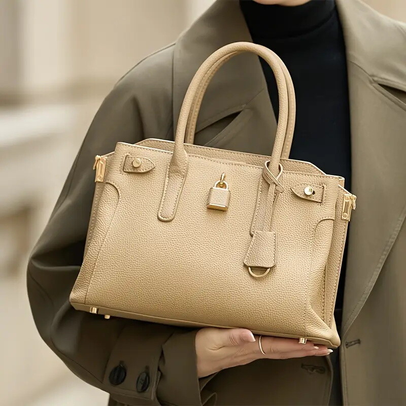Chic Genuine Genuine Leather Handbag for Women - Spacious Retro Style Shoulder & Crossbody Purse with Adjustable Strap, Zip Closure, Beige/Black, Large Capacity, Polyester Lining, Elegant Design for Work or Daily Use, Versatile Handbag | Elegant Handbag |