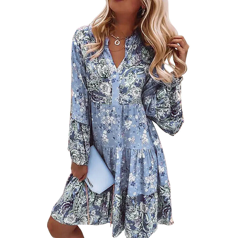 2024 Nova primavera e outono estilo floresta vestido com decote em V estampado manga sino com saia