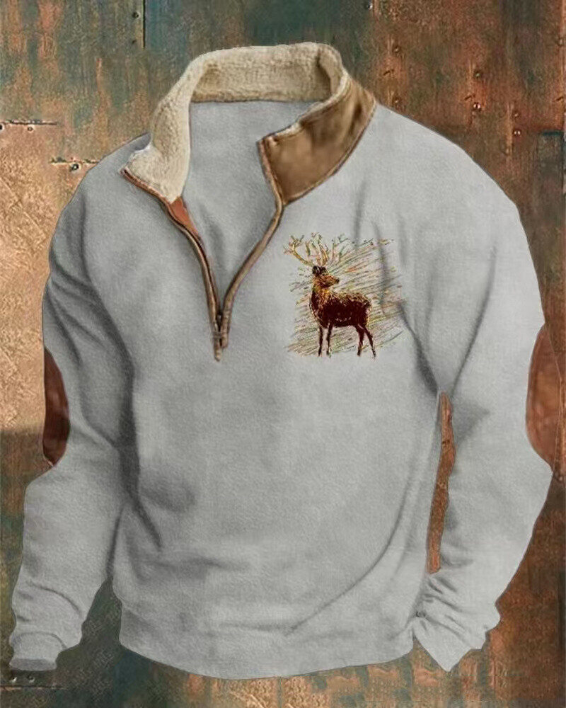 Pulôver masculino com gola alta estampada estilo ocidental e zíper