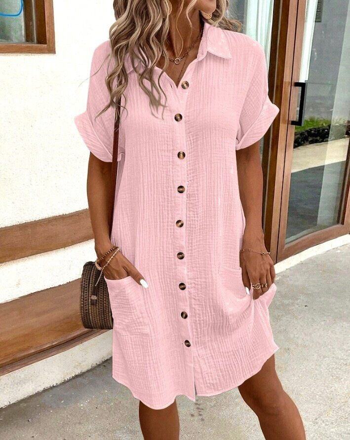 [S-3XL]Vestido camisa simples de verão 2024 com decote em V