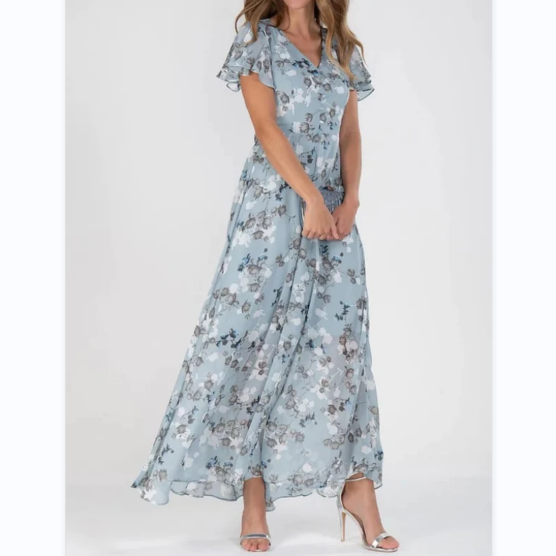 💐 Vestido longo Leight com estampa floral e mangas curtas