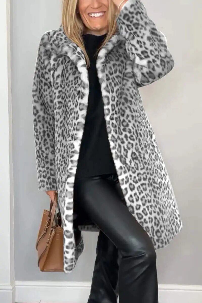 Casaco de inverno feminino elegante com lapela de leopardo e pele sintética