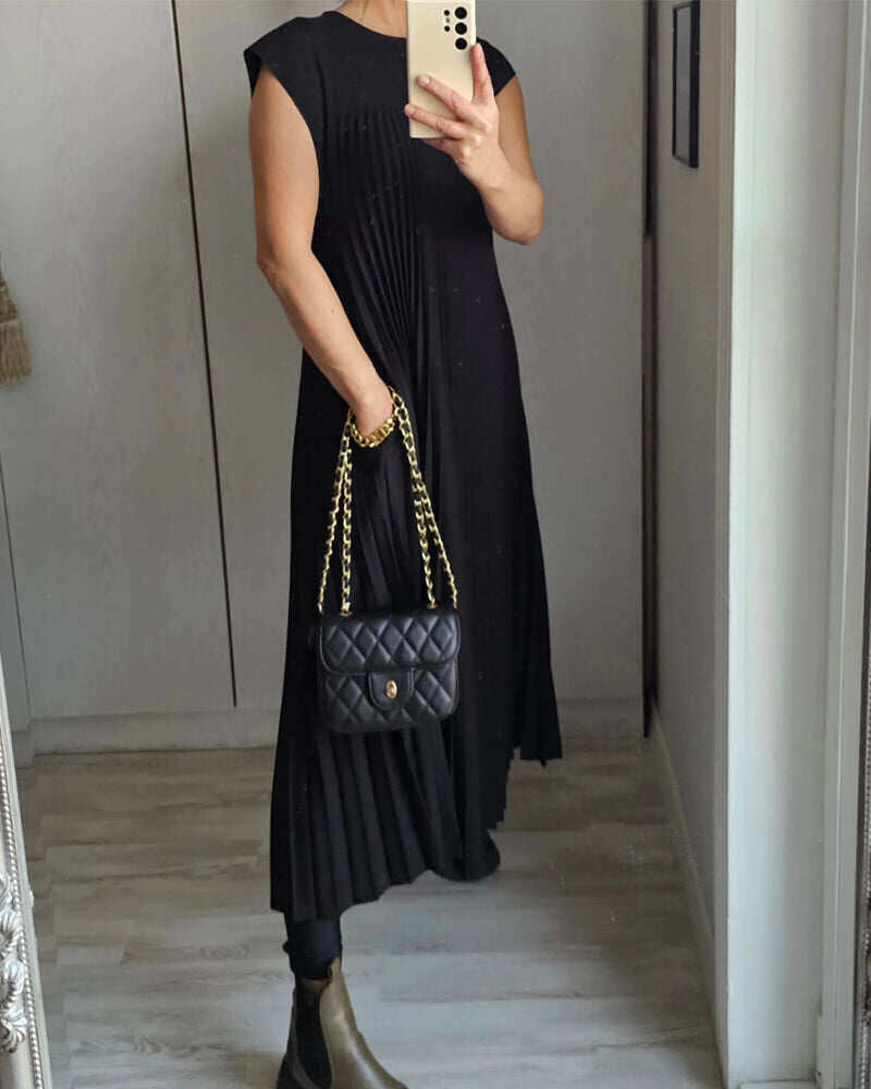 Vestido plissado simples de cor sólida sem mangas