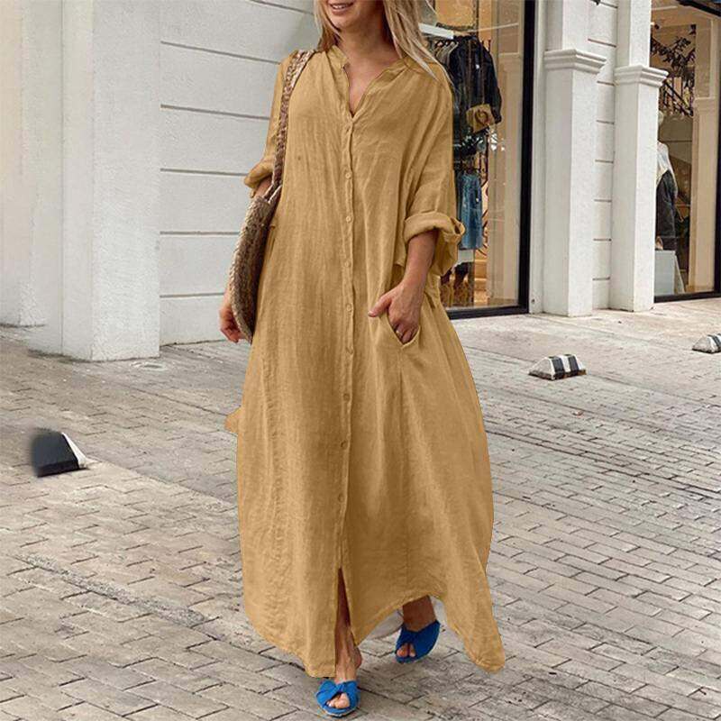 Vestido Casual Camisa Gola com Bolso Saia Longa Plus Size Vestido Casual de Linho de Algodão