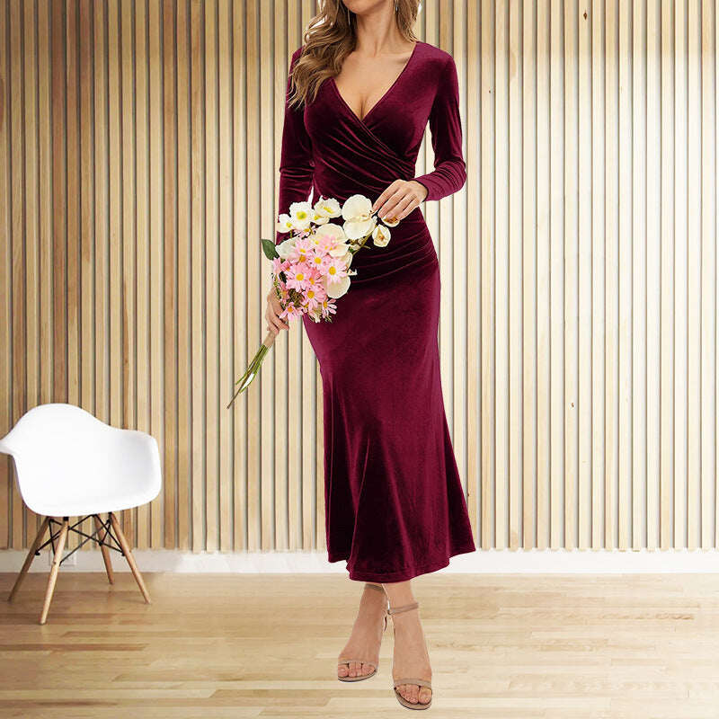 👄Vestido de noite elegante com decote em V, mangas compridas, veludo, vestido de festa. Vestido de noite feminino2475535 Preço de venda42,00€