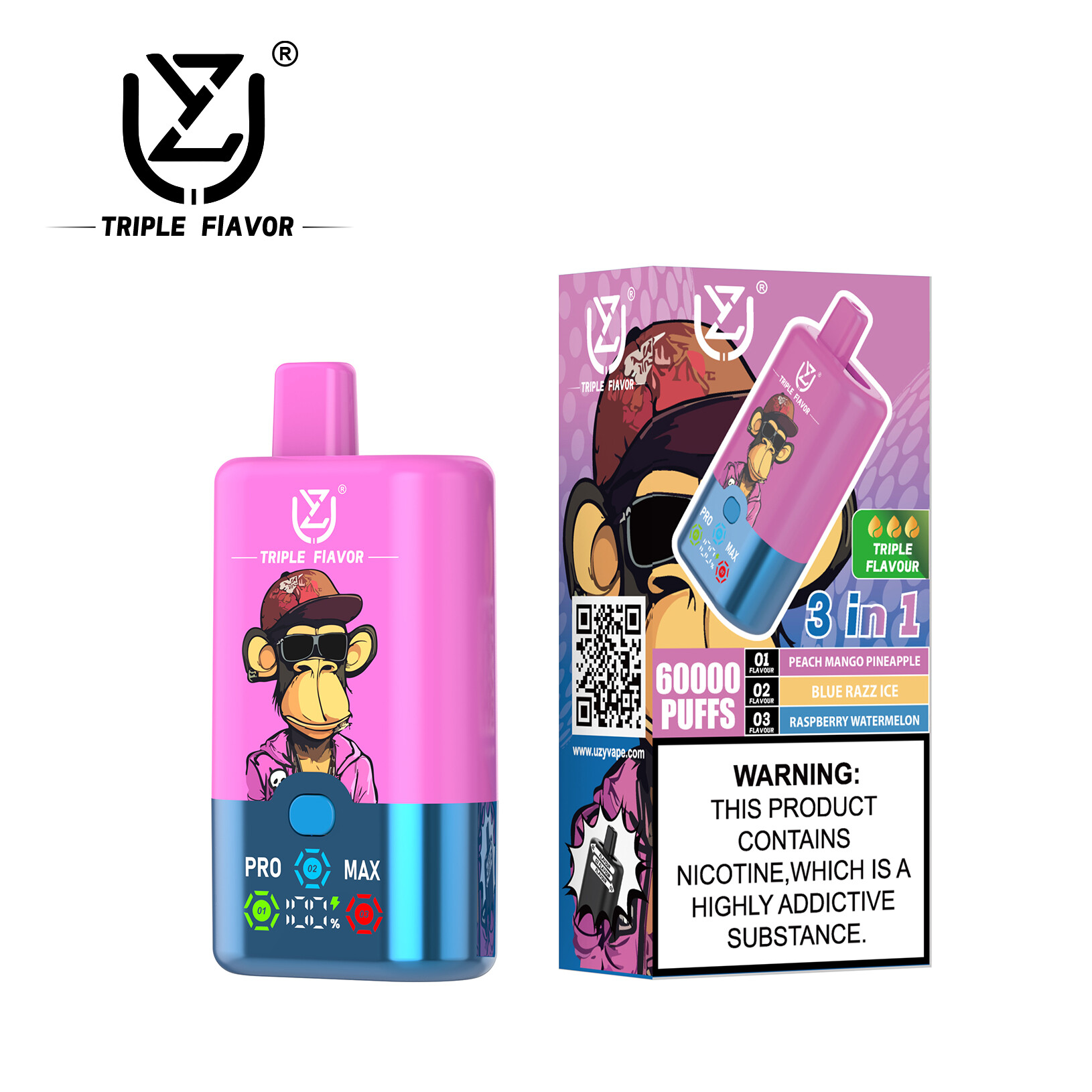 UZY TRIPLE FLAVOR 60000 60K Puffs Triple Flavor 0-5% Nicotine 54ml