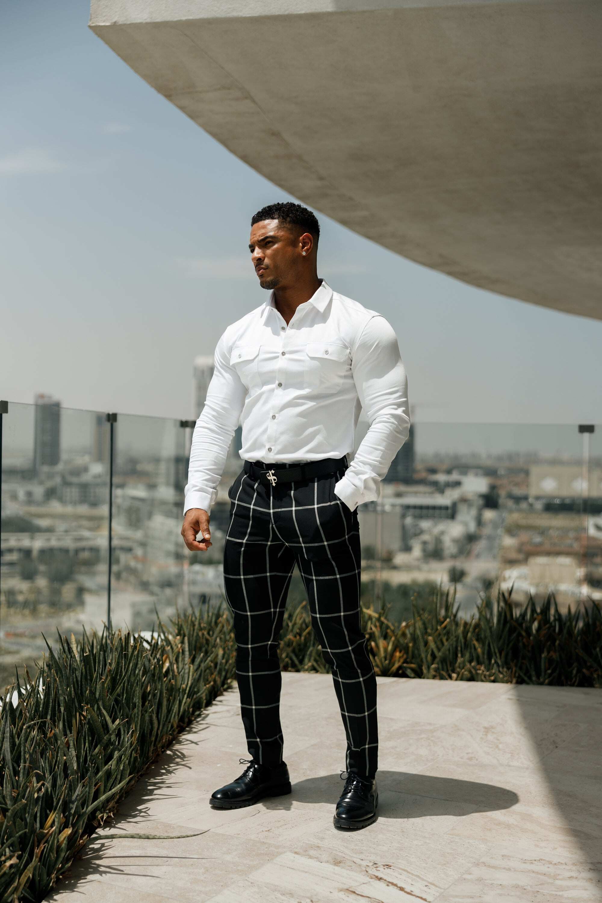 Father Sons Slim Formal Black and Ecru Large Check Stretch Trousers - FST015