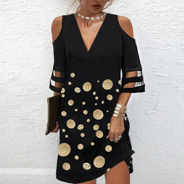 Vestido de verão novo estilo com decote em V floral malha emenda meia manga