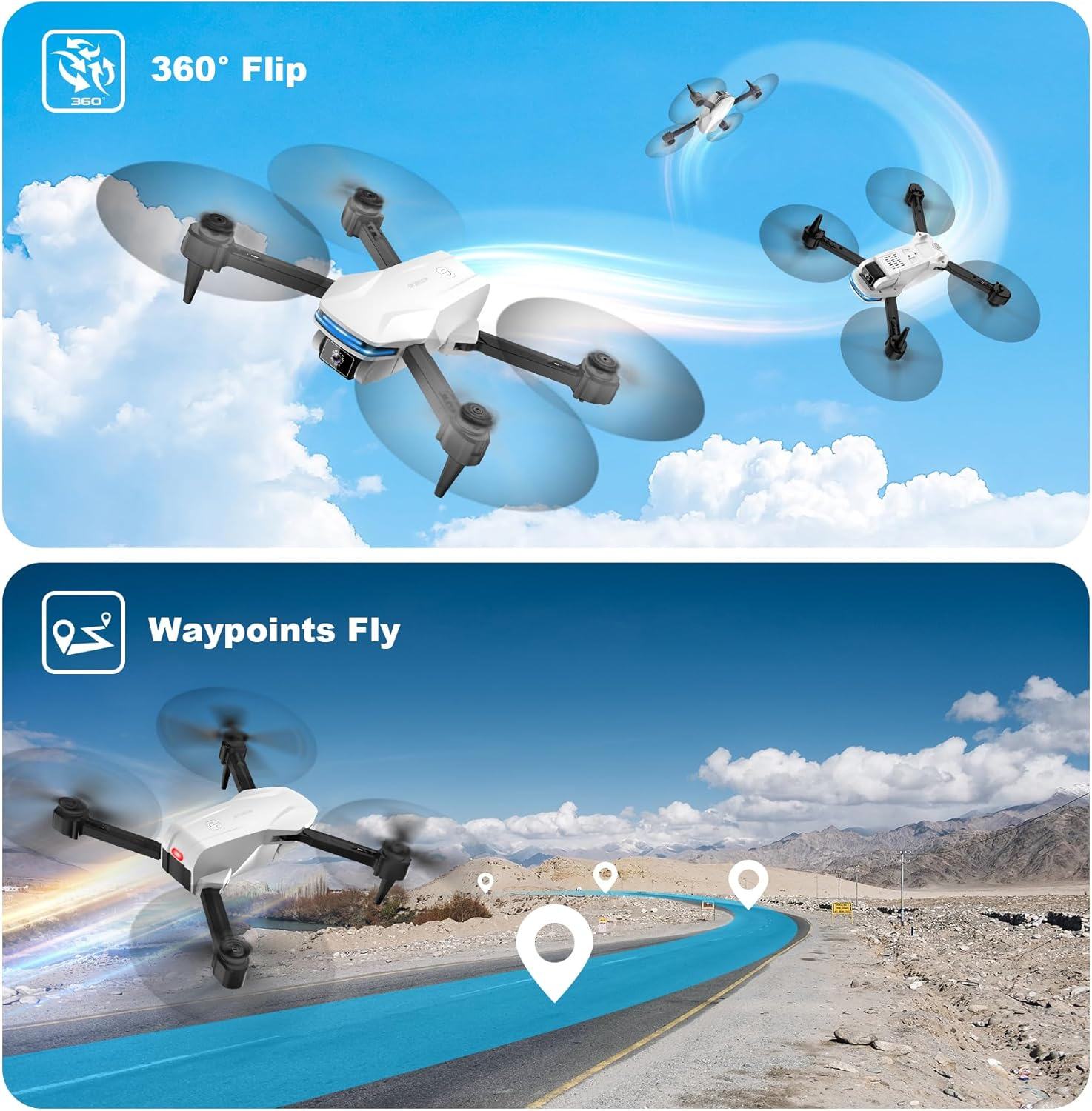 Drone com câmera 1080P HD FPV Drone dobrável para iniciantes e crianças, Quadcopter com controle de gestos de voz com estojo de transporte, decolagem/pouso com uma tecla, posicionamento de fluxo óptico, giro de 360°, voo de ponto de passagem