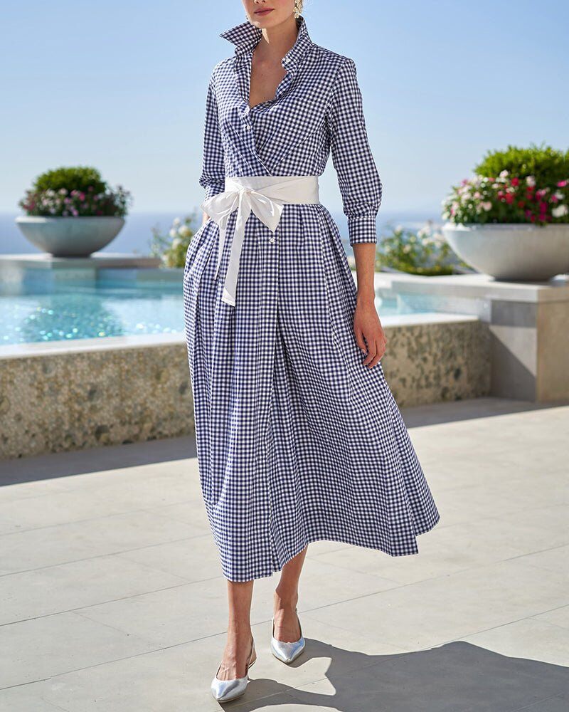 Мода 2022 кариран памук ленена рокля висока талия памук рокля с ревера