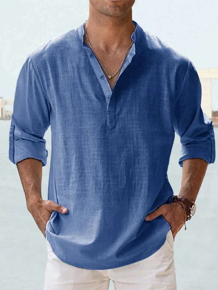 😎CAMISA DE LINHO DE ALGODÃO DE MANGA COMPRIDA MASCULINA ☁️