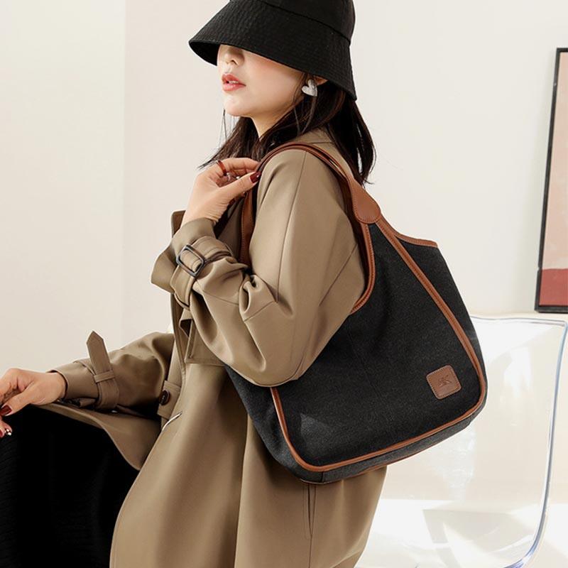 Bolsa de ombro retrô simples feminina, leve, espaçosa, bolsa de lona vintage