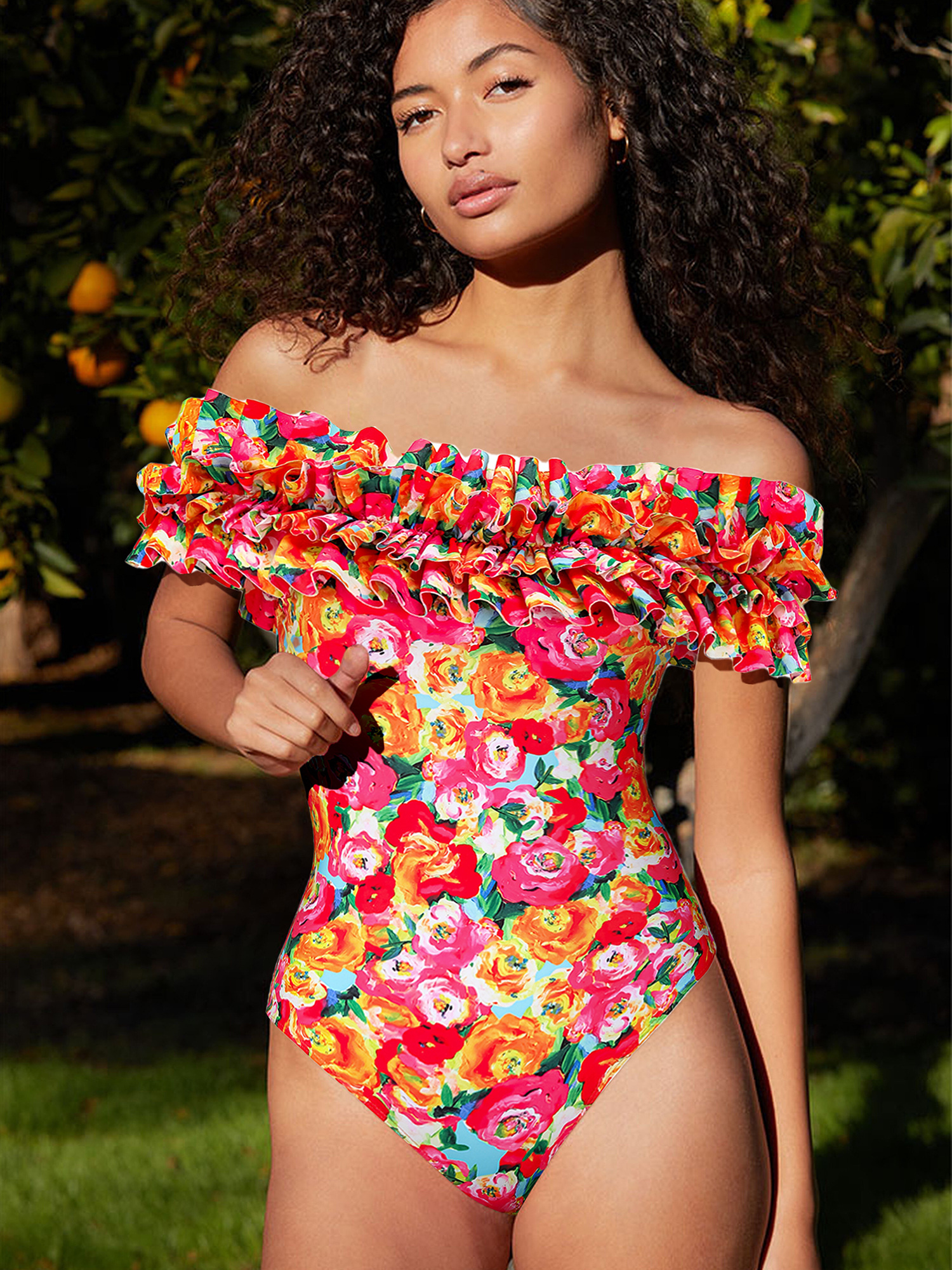 👑 Detachable Double Shoulder Strap With Ruffles One Piece Swimsuit and Sarong 💟