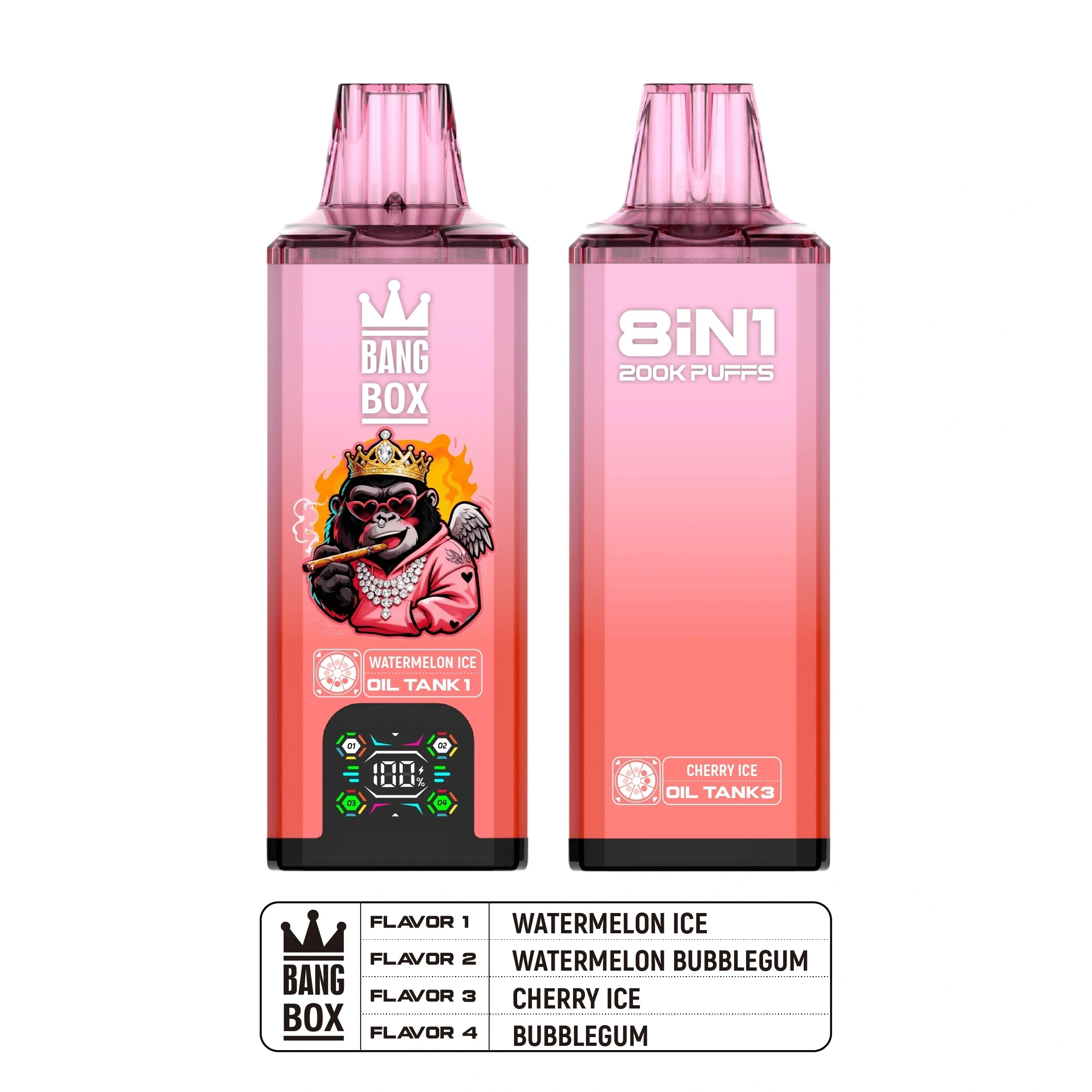 Bang Box 8 in 1 200000 Puffs Disposable Vape Pink és narancs színben, showing digitális kijelző és 4 különálló íztank
