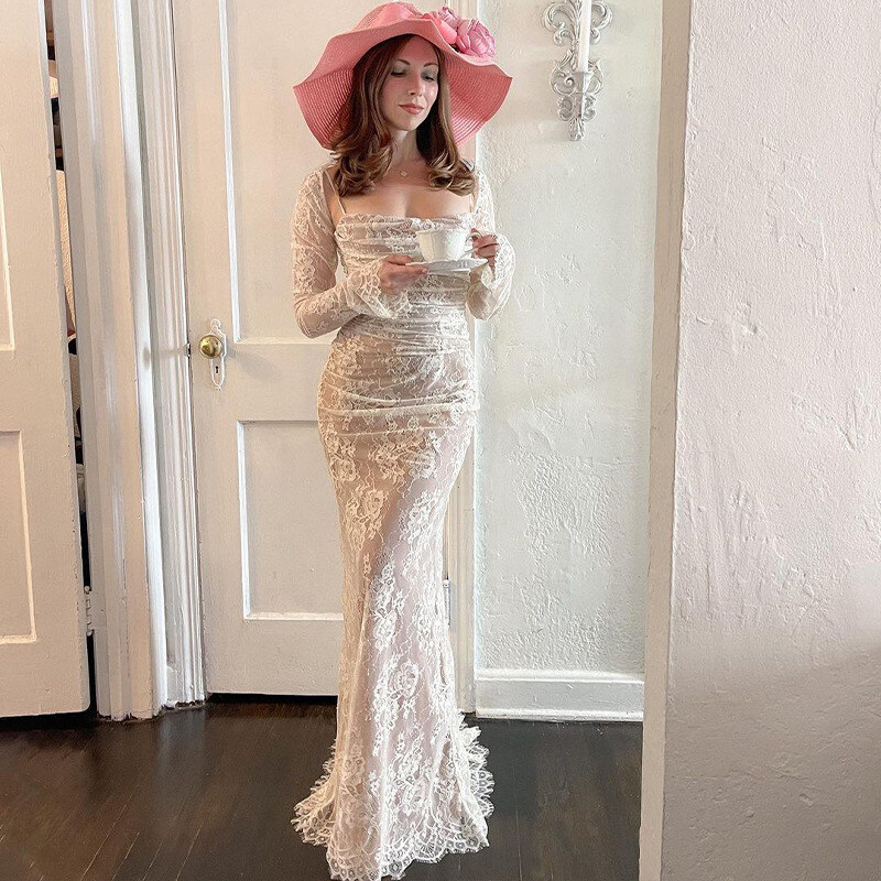 🥰Elegáns vintage csipke rózsaszín csipke kendős maxi ruha