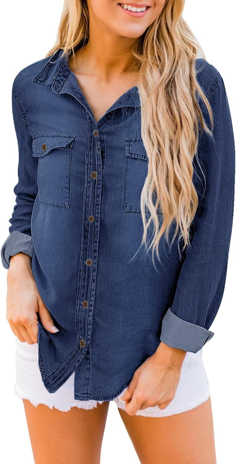 luvamia farmer ing Női Chambray Jean Western Shirts Hosszú ujjú gombos felsők