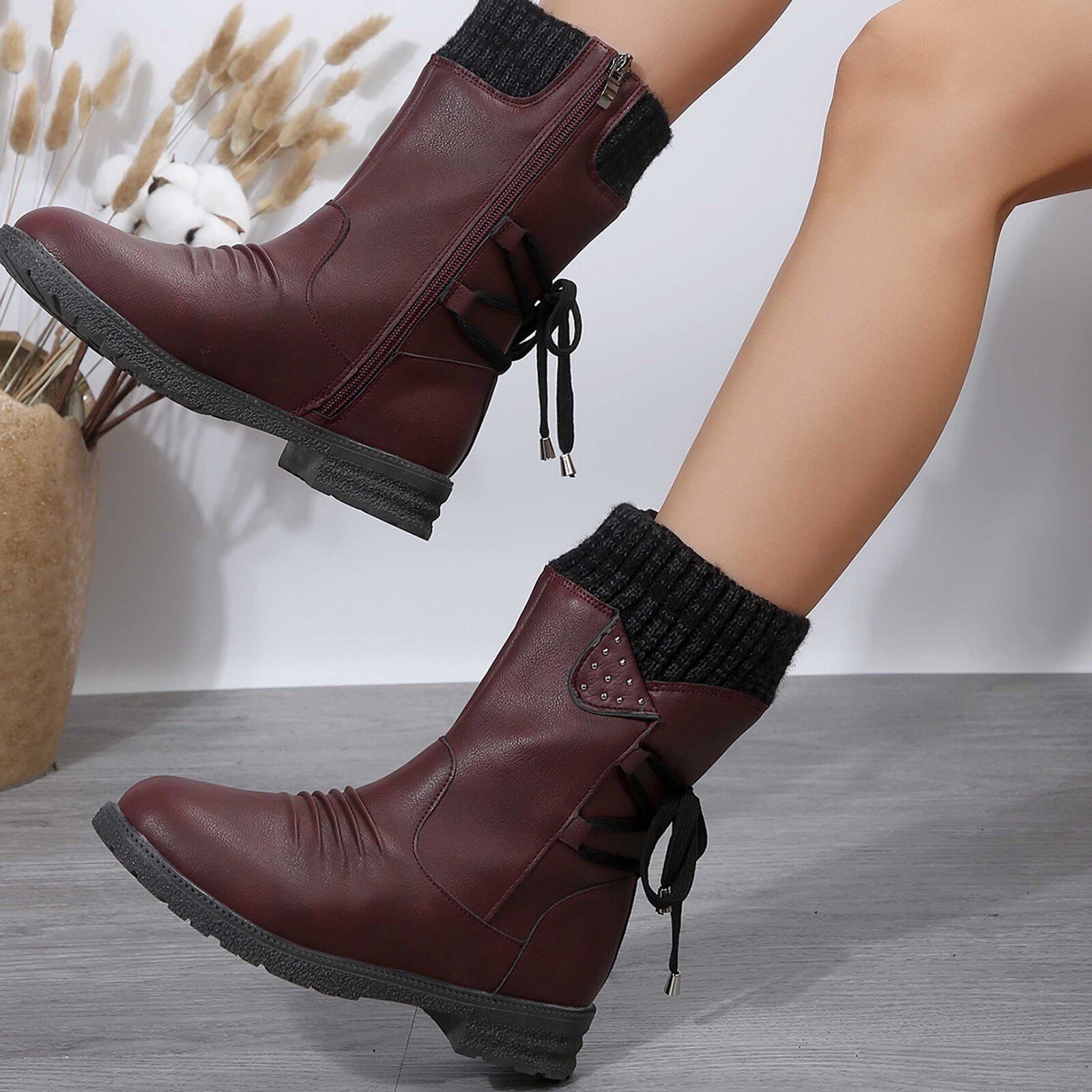 🔥51% DE DESCONTO AGORA - Botas de neve femininas de cano médio com punho de suéter, botas quentes de inverno