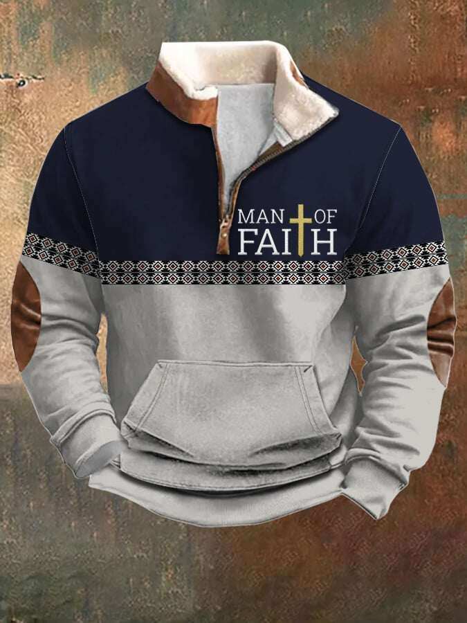 Ανδρικό φούτερ Faith Contrast Color Retro με φερμουάρ με μακριά μανίκια και γούνινο γιακά