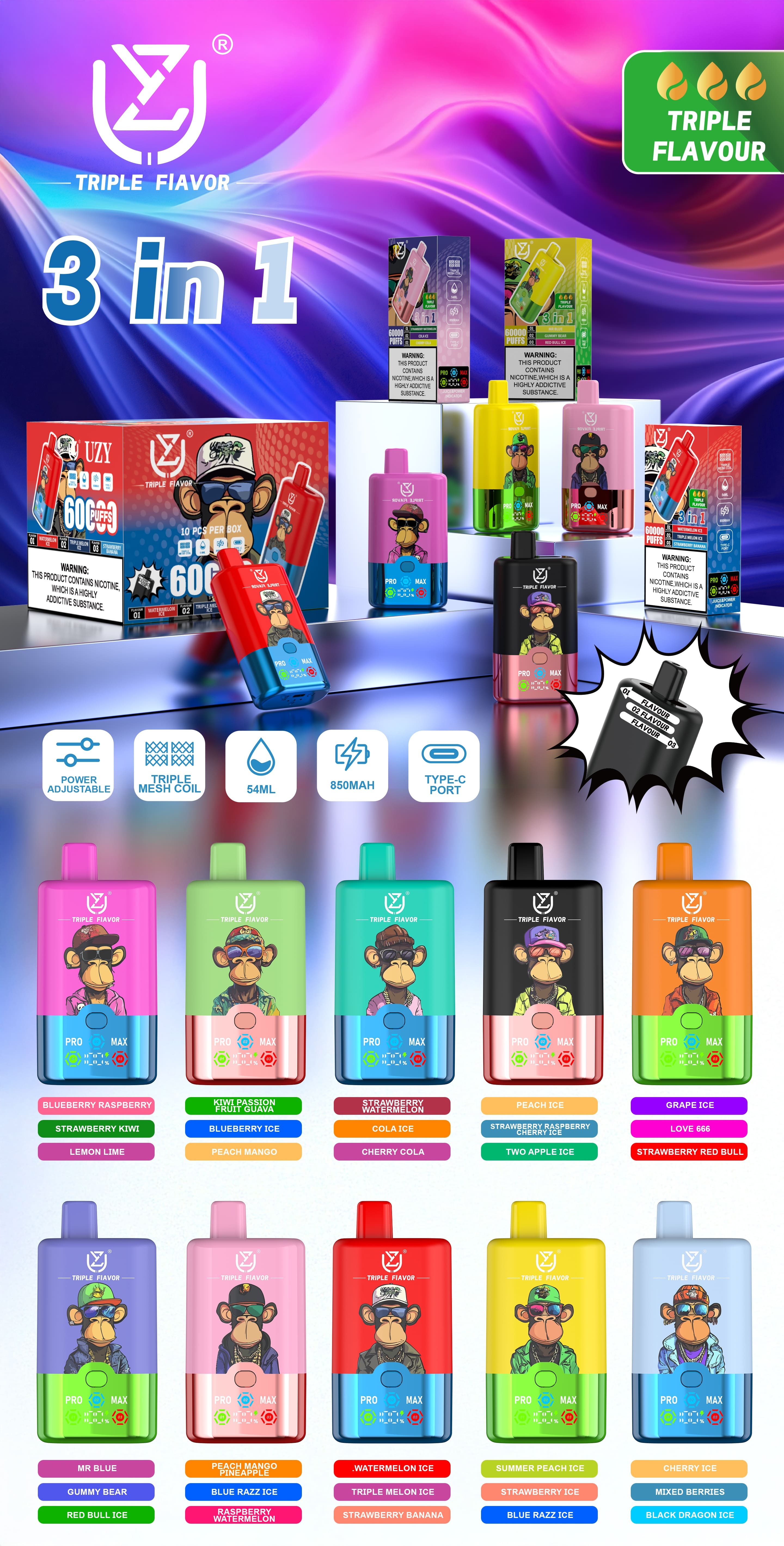 UZY Triple Flavor 60000 Puffs Vape 3 in 1 Disposable E Cigarette with Smart LED Display