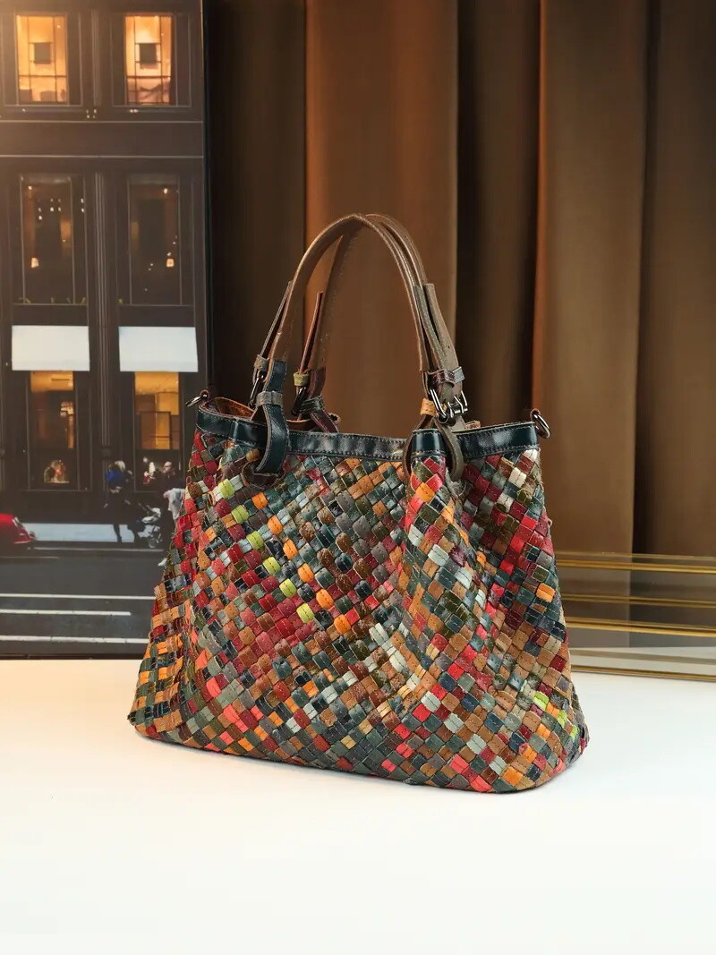 Women's Handbag - Colorful Woven Pattern Genuine Leather Tote with Adjustable Shoulder Strap, Large Capacity Crossbody/Handbag, Grid & Wave Dot Design, Zipper Closure, Rhinestone Accents for Casual & Formal Use,