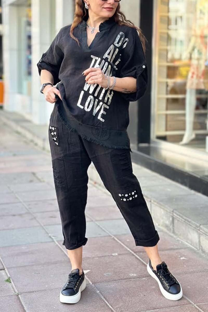 Conjunto blusa + calça dia feminino em algodão e linho