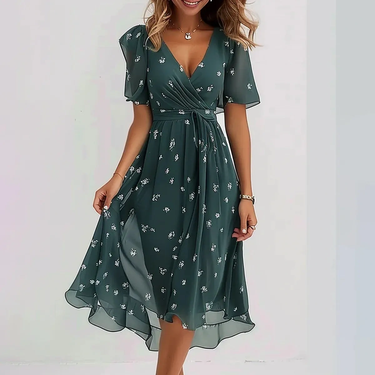 Vestido colorido com decote em V