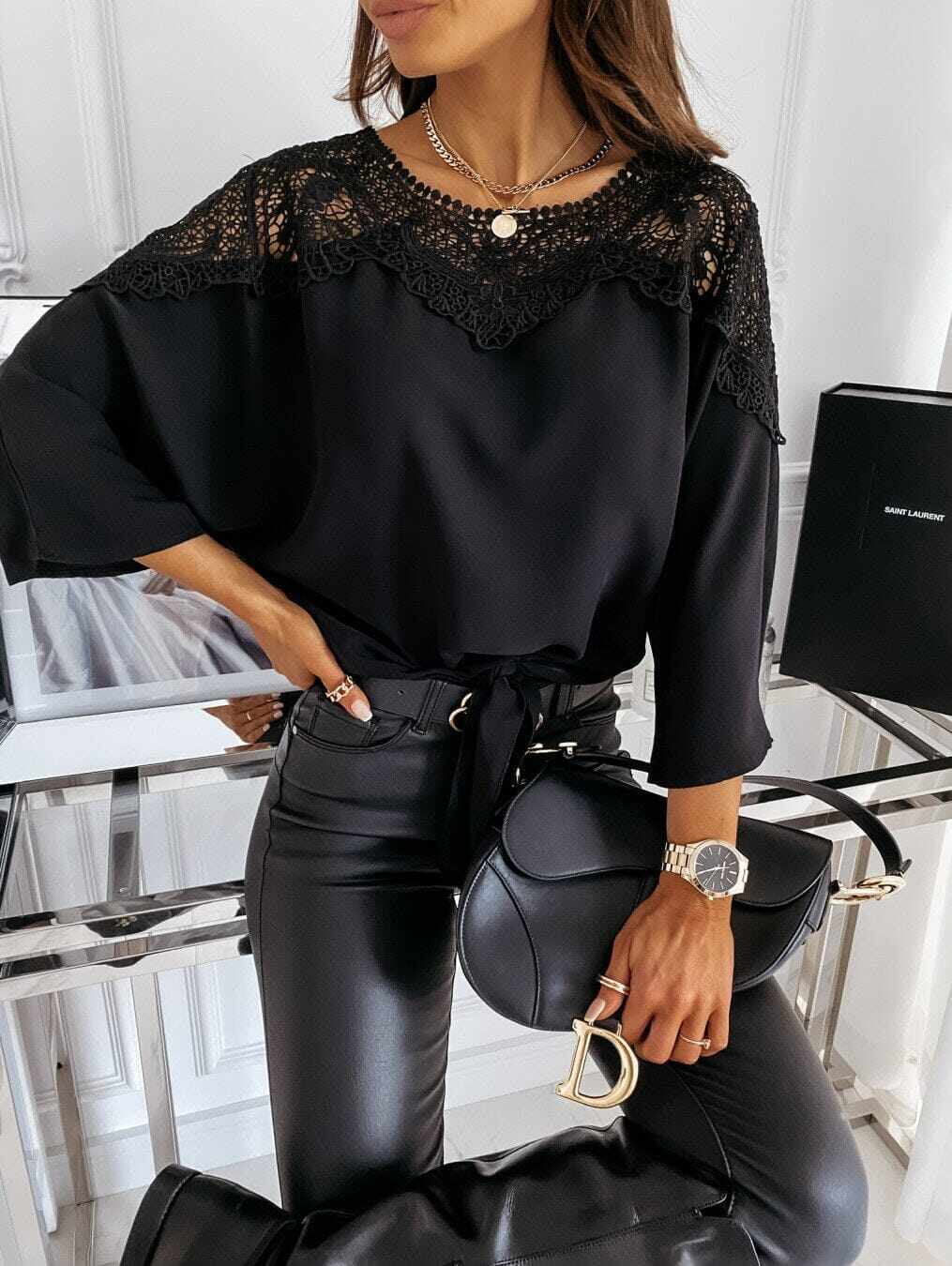 Blusa feminina outono 3/4 manga sexy renda costurada elegante vintage