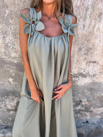 💕Vestido feminino em cor sólida com estampa floral e decote em U