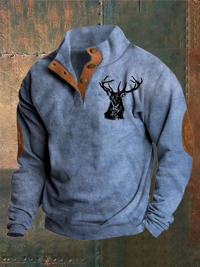 Moletom masculino estilo ocidental com gola alta e botão