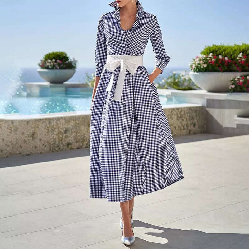 Мода 2022 кариран памук ленена рокля висока талия памук рокля с ревера