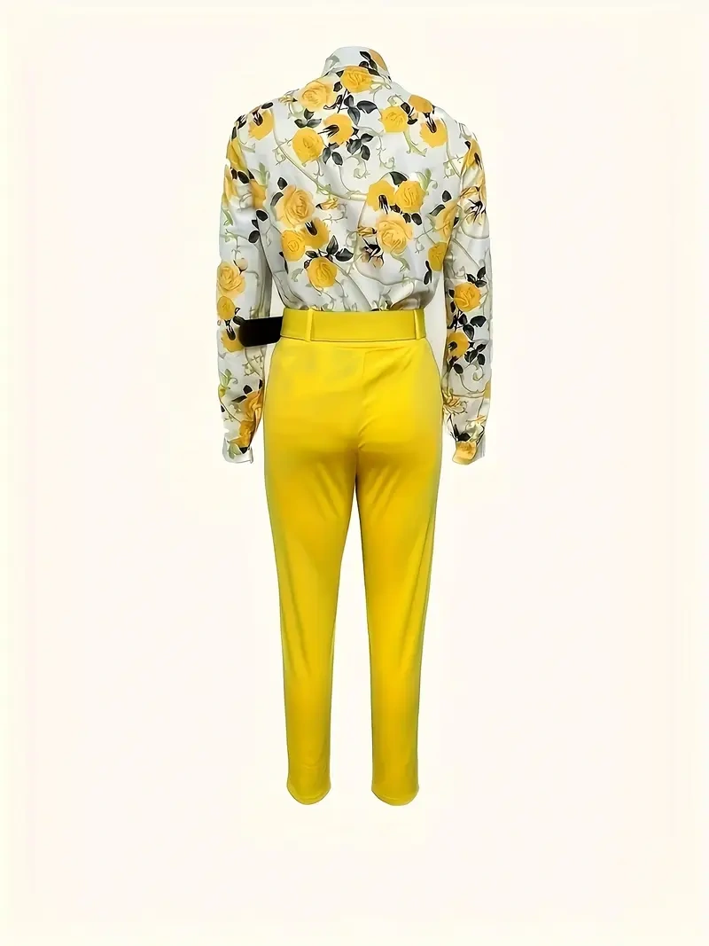 Conjunto elegante de duas peças – Blusa floral, calça com cinto, decote em V.