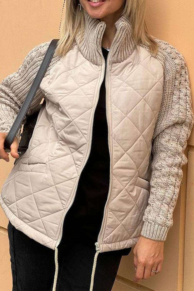 Jaqueta feminina casual, de cor única, patchwork com zíper