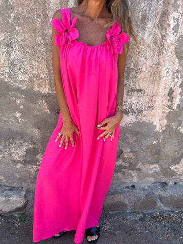 💕Vestido feminino em cor sólida com estampa floral e decote em U
