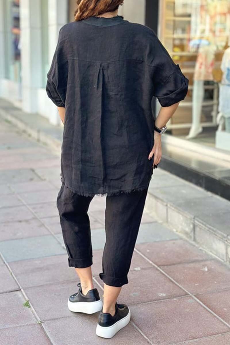 Conjunto blusa + calça dia feminino em algodão e linho