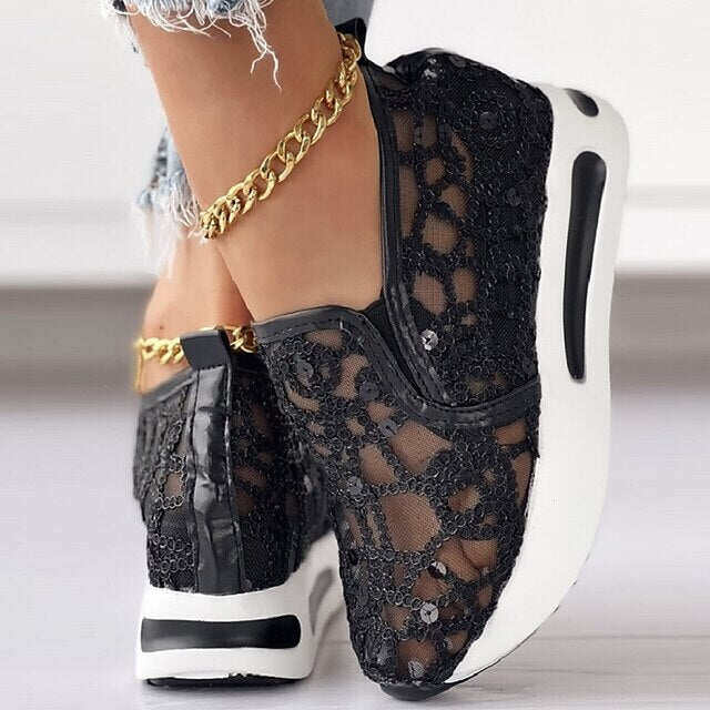 Sapatos femininos casuais de verão com lantejoulas e cunha