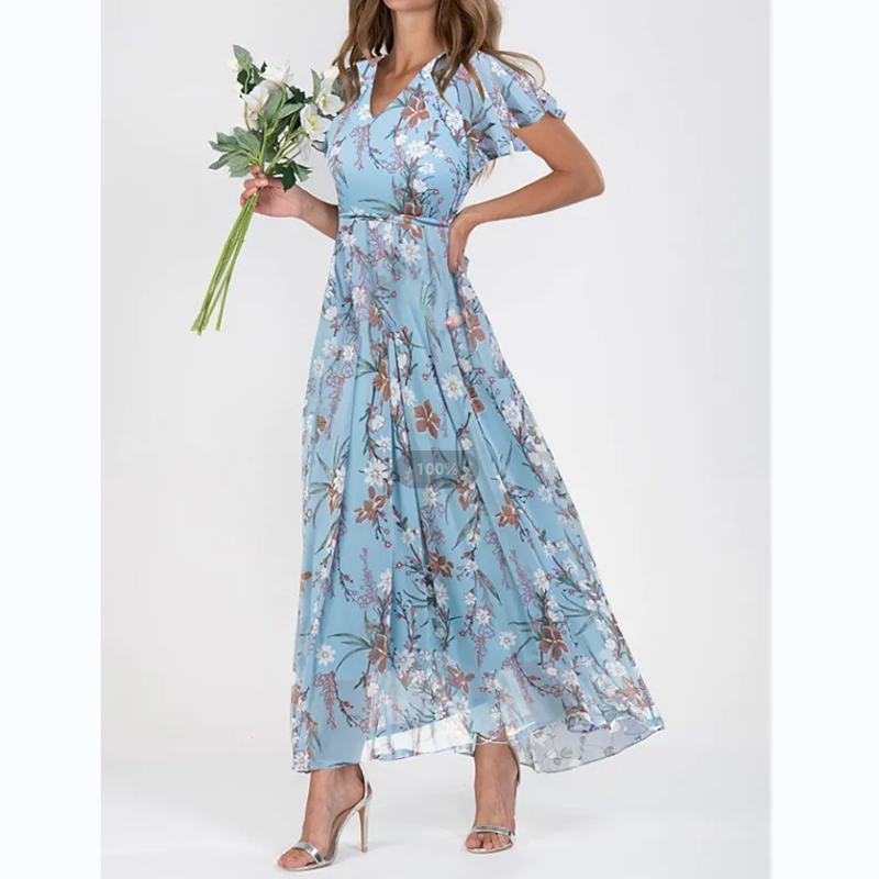 💐 Vestido longo Leight com estampa floral e mangas curtas