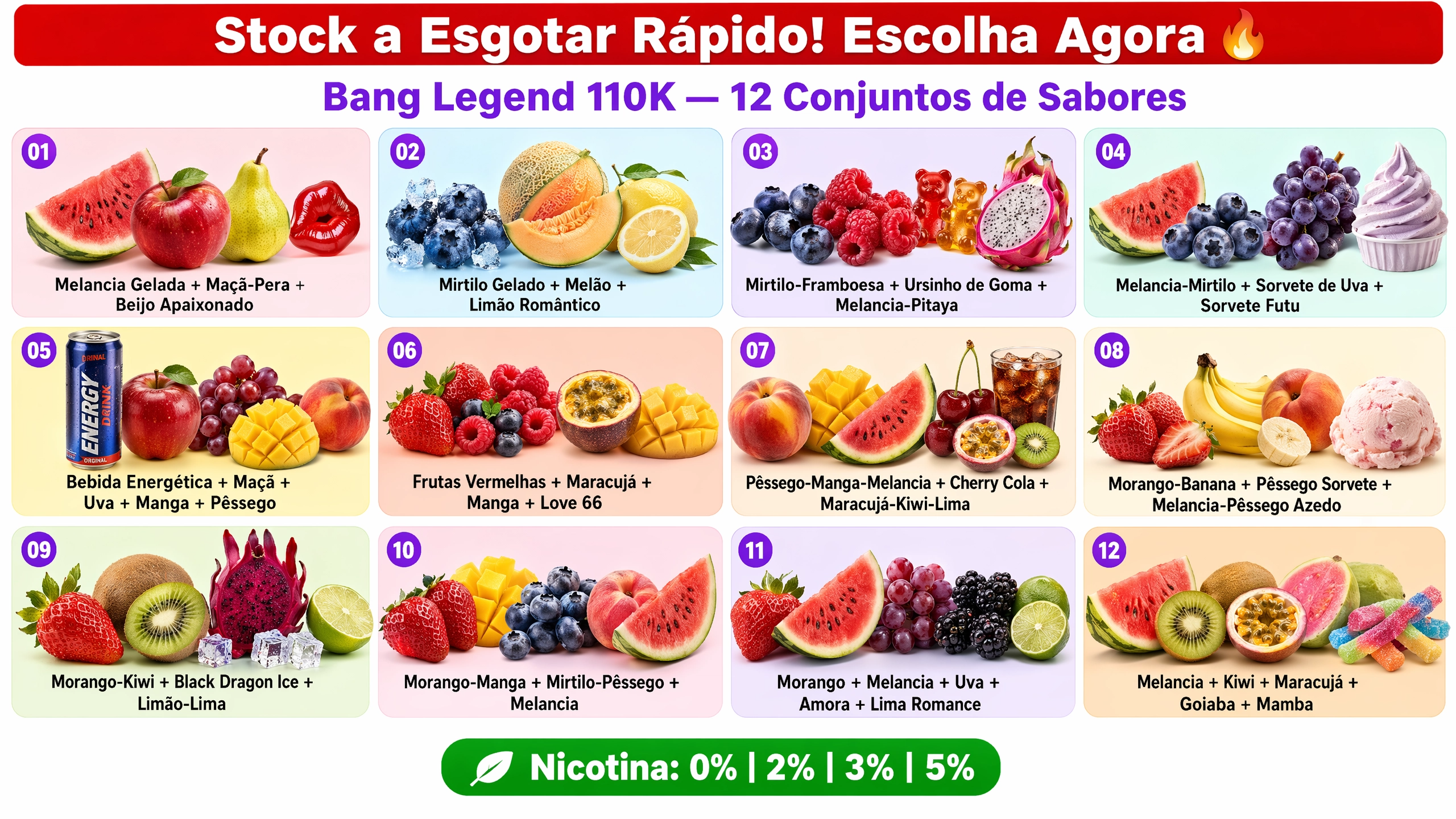 Coleção de sabores do vape Bang Legend 110K 3 em 1 com várias combinações de frutas e sabores gelados disponíveis em Portugal