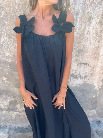 💕Vestido feminino em cor sólida com estampa floral e decote em U