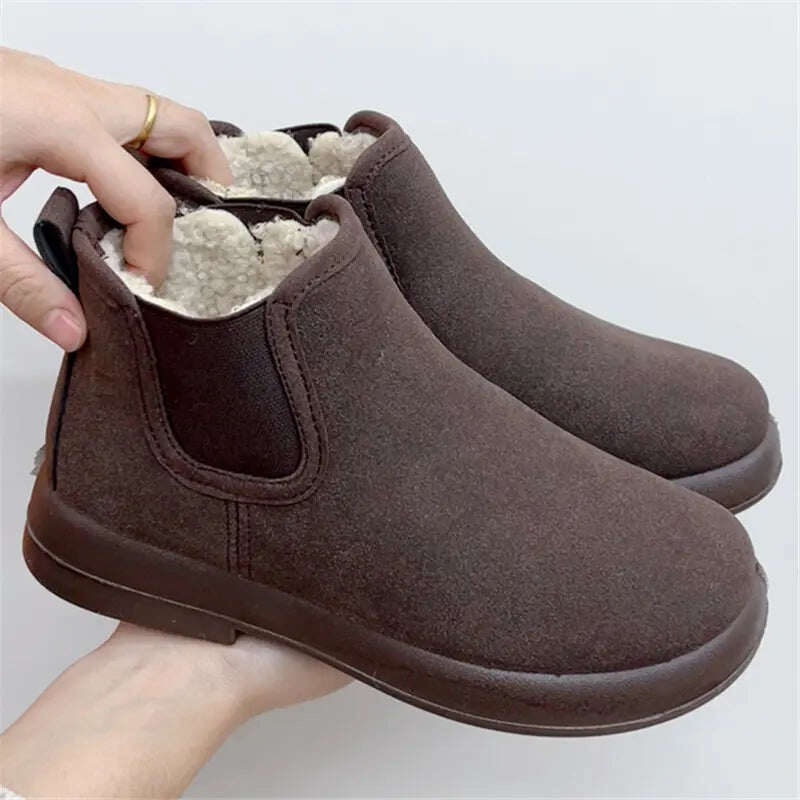 Botas femininas de neve quentes com forro de pelúcia e cano curto