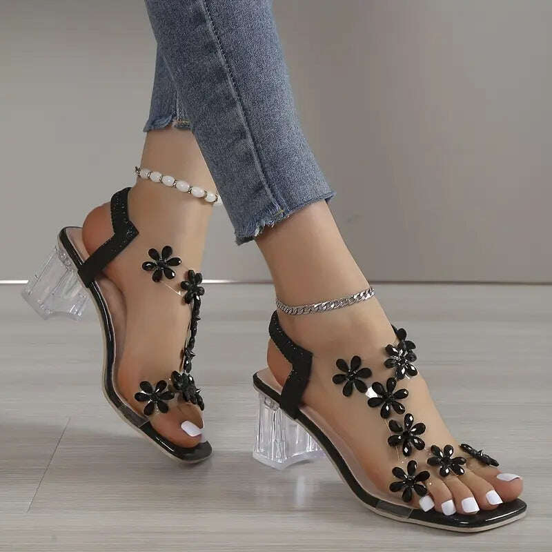 🔥Promoção de último dia com 50% de desconto - sandálias femininas de salto bloco com cristais de flores