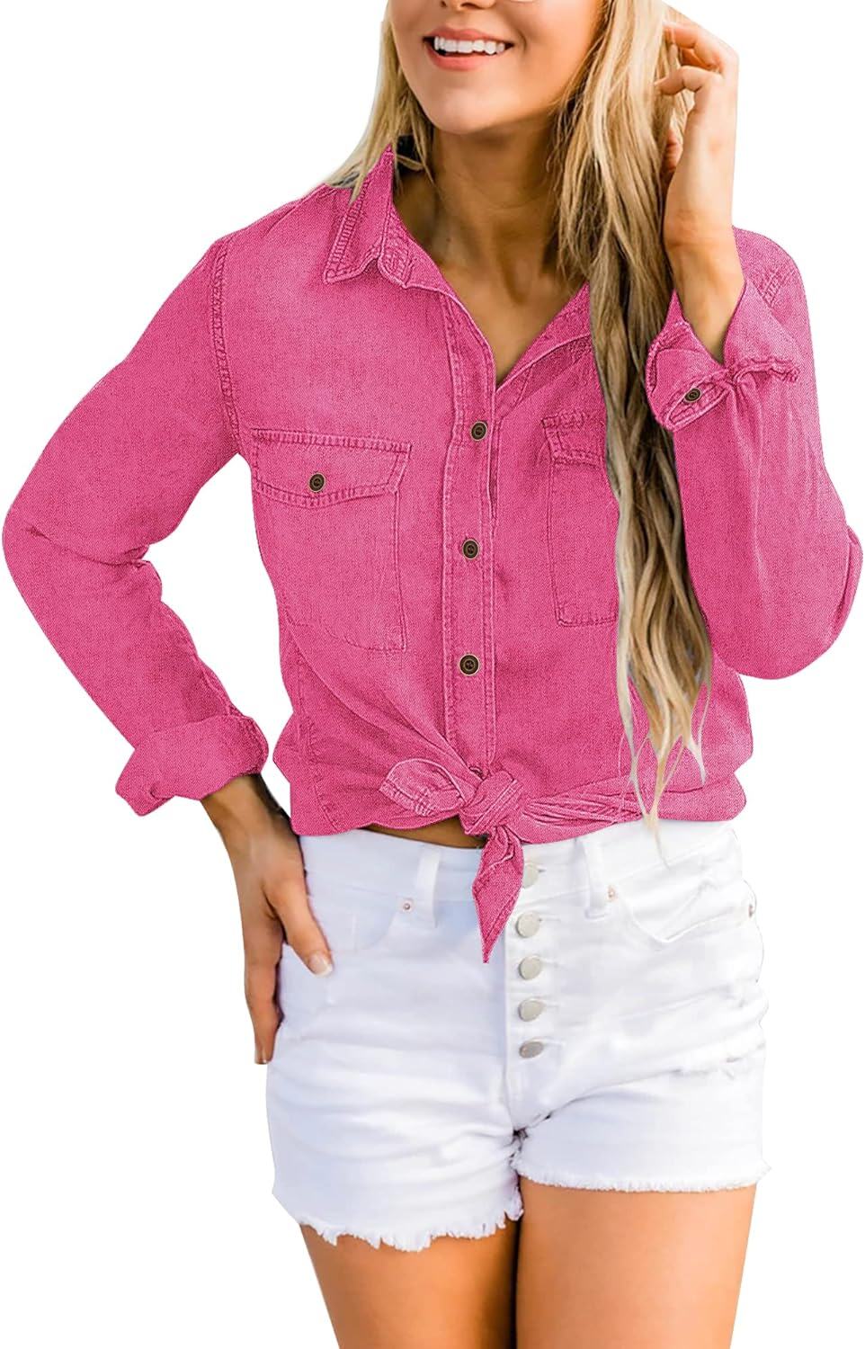 luvamia farmer ing Női Chambray Jean Western Shirts Hosszú ujjú gombos felsők