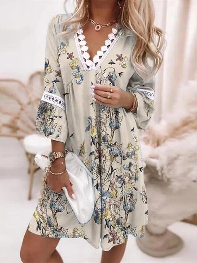 Novo vestido de verão com retalhos de renda estampado em algodão e linho