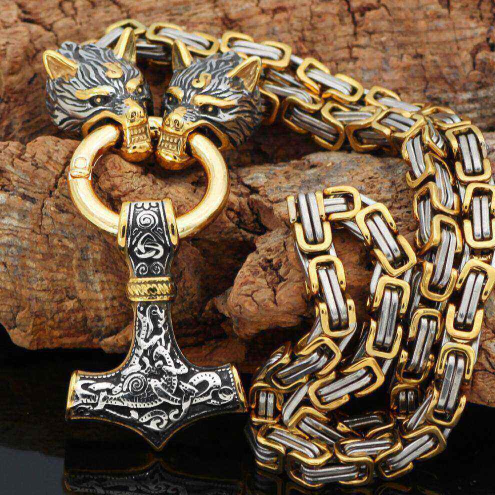 NordyckoTM |. Colar de cabeça de lobo estilo viking nórdico com martelo