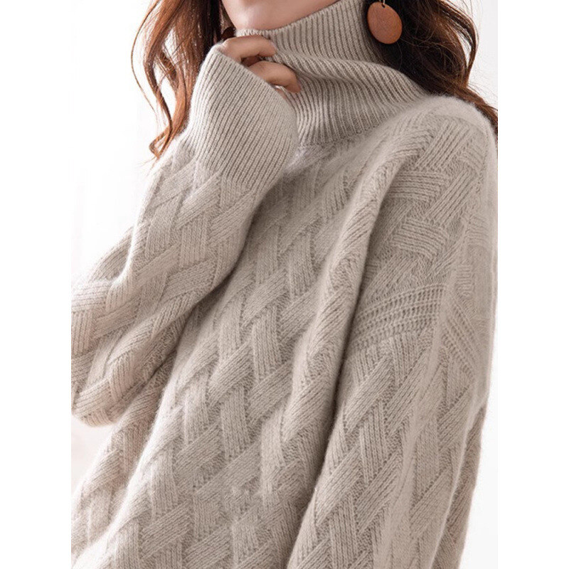 Turtleneck ribbed warm sweater for women autumn and winter 2024 new thickened Korean loose lazy style knitted bottoming shirt
