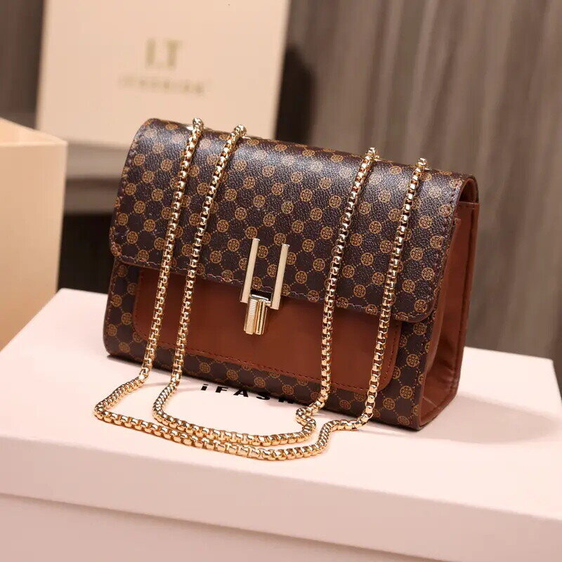 Pöttyös Nyomtatású Válltáska, Trendi Láncos Crossbody Táska, Retro Négyzet alakú Kézitáska, Női Erszény