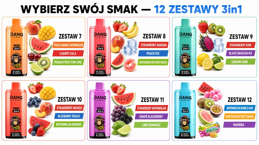 Bang Legend 110K zestawy smaków 7-12 – 3in1 owocowe kombinacje